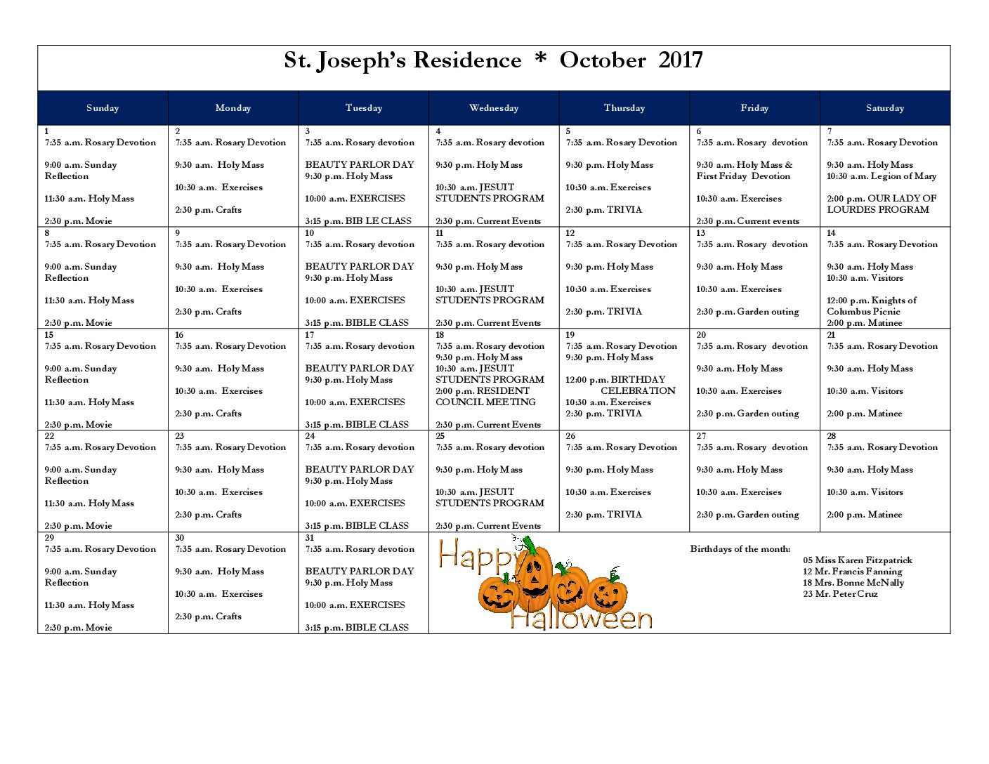 October Calendar 2017