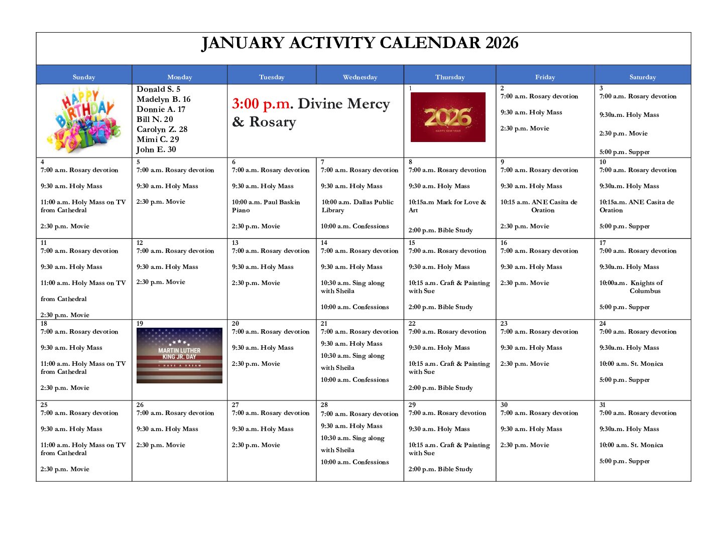 January 2026 Activity Calendar